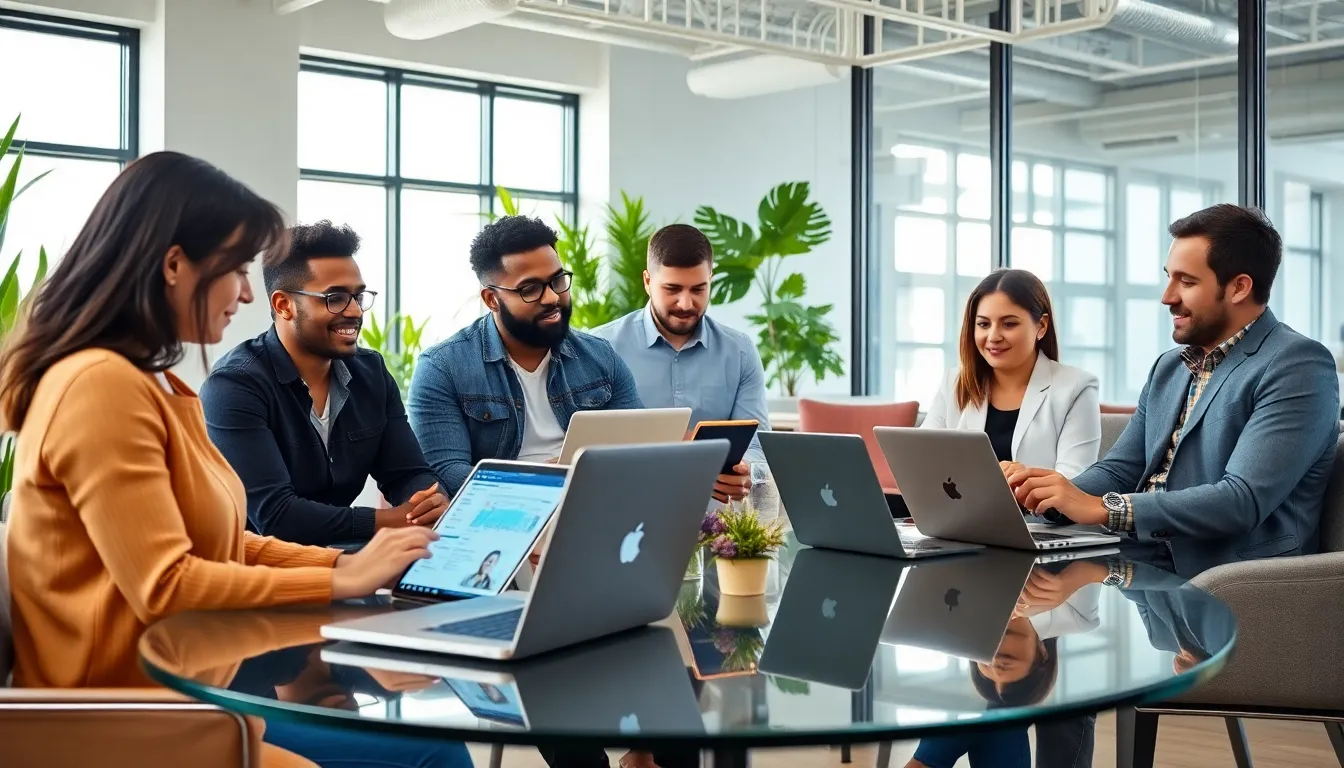 diverse freelancers working on Mailchimp in a modern office.