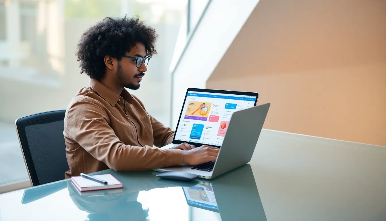 A freelancer designing a web application on a laptop in a modern office.