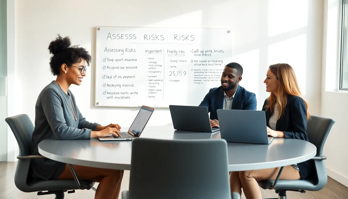 diverse freelancers discussing insurance options in a modern office.