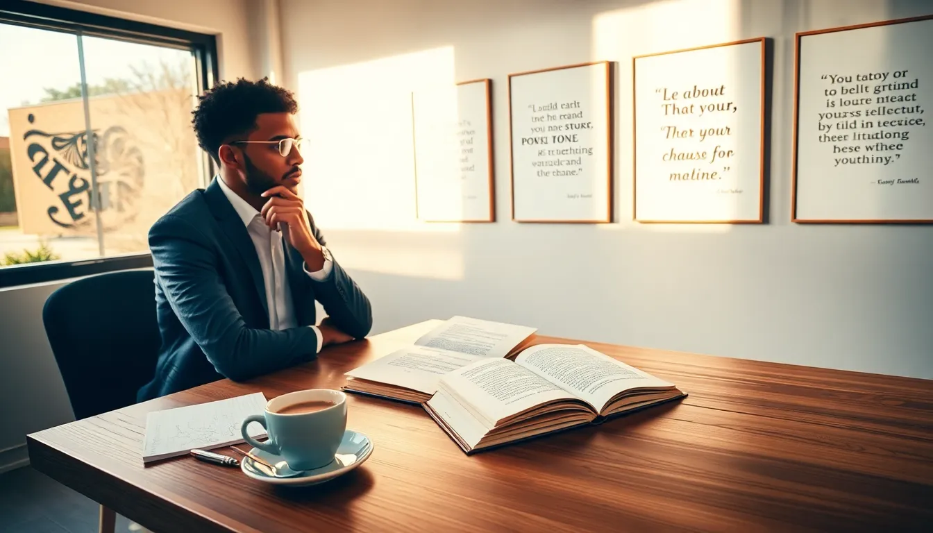 individual reflecting on quotes in a modern workspace.