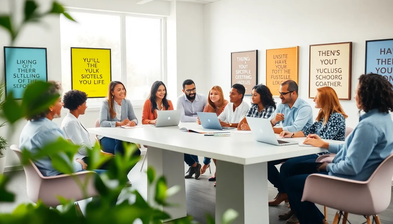 diverse team discussing happy inspirational quotes in a bright office.