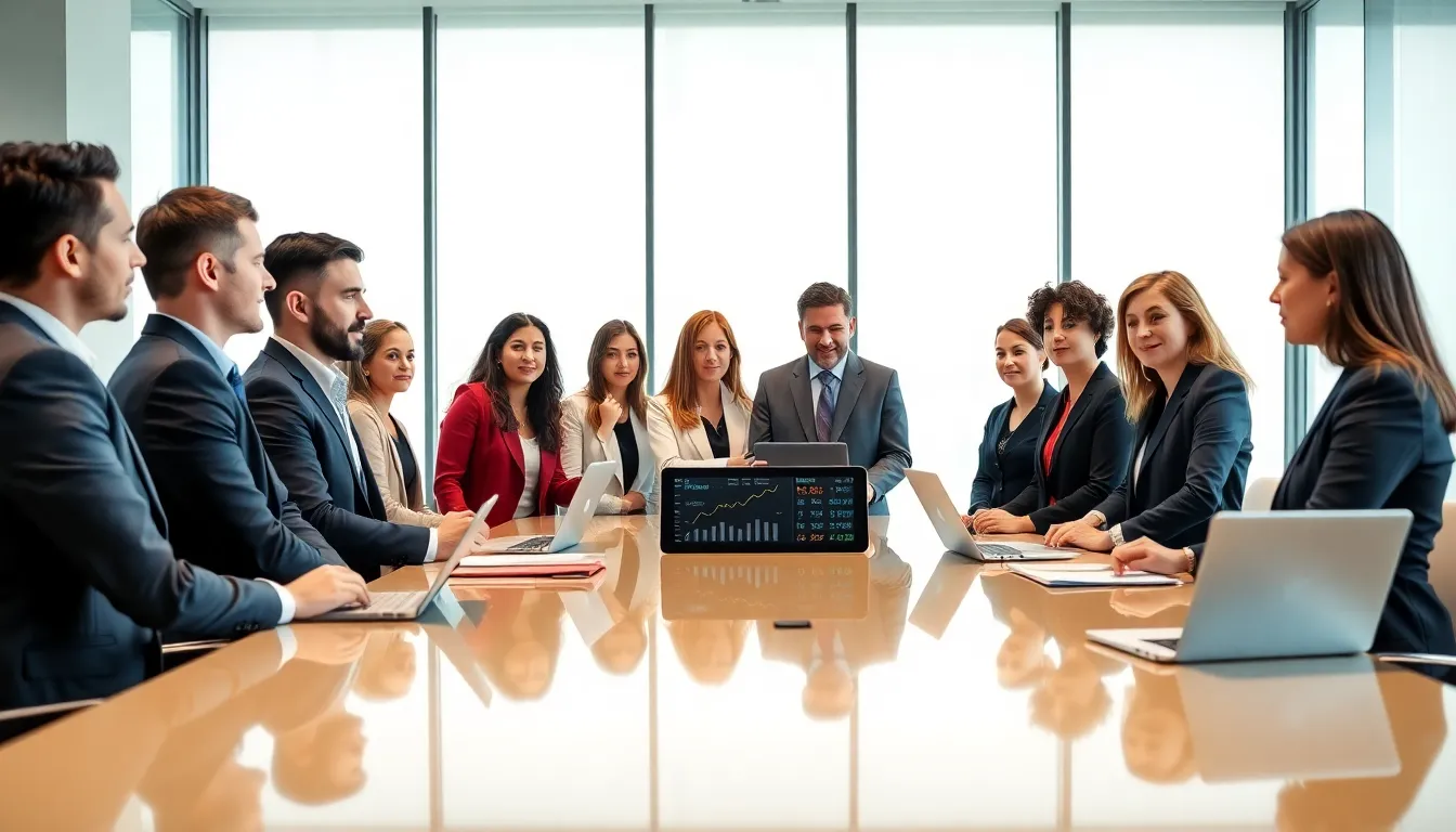 professionals discussing strategy in a modern office setting.