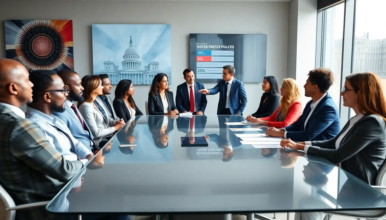 diverse professionals discussing politics in a modern conference room.
