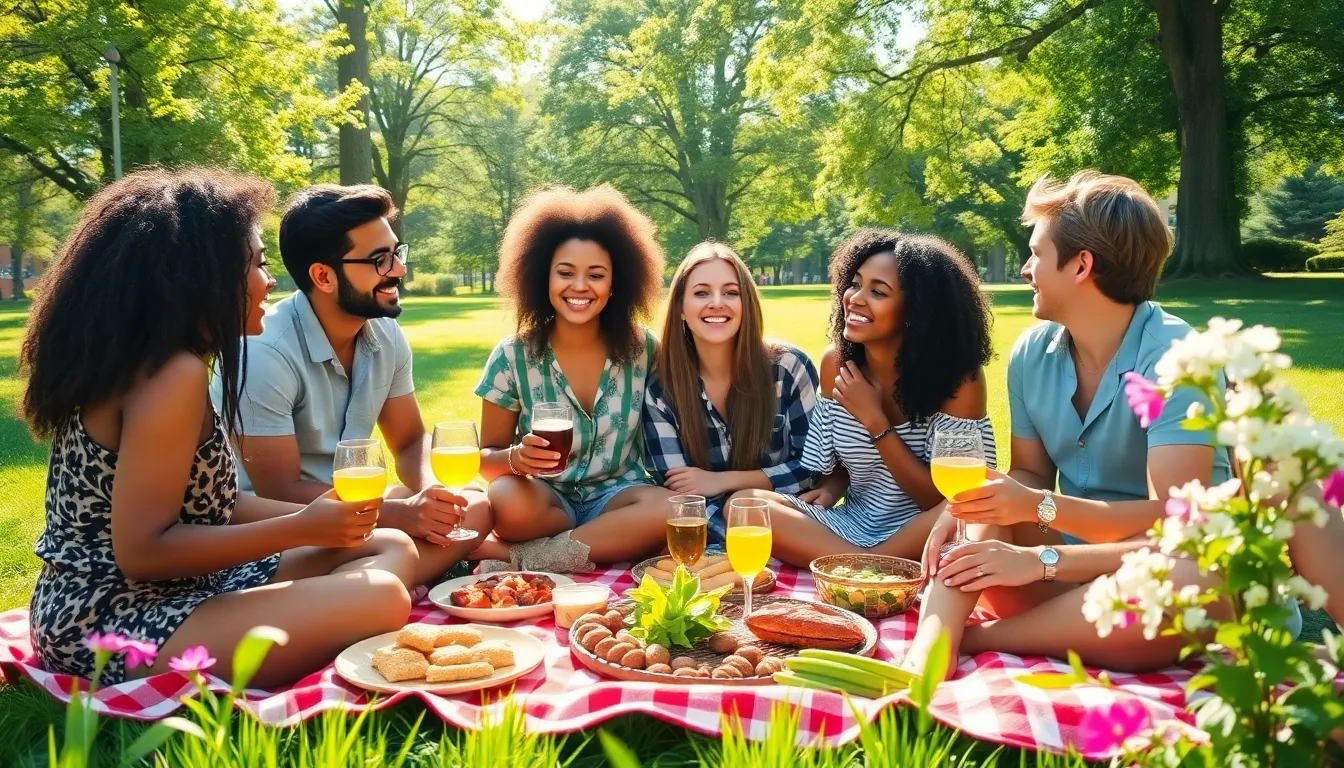 friends enjoying a joyful picnic in a sunny park.