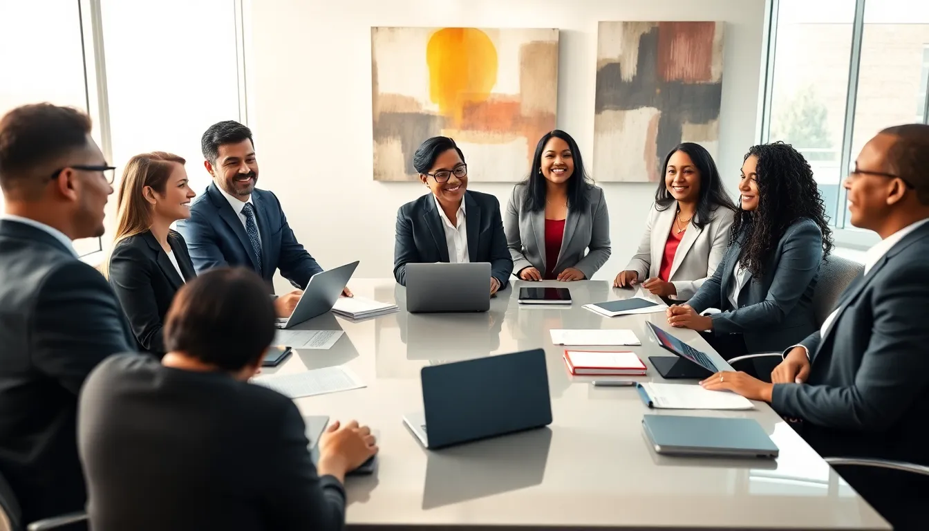 diverse group discussing political matters in a modern office.