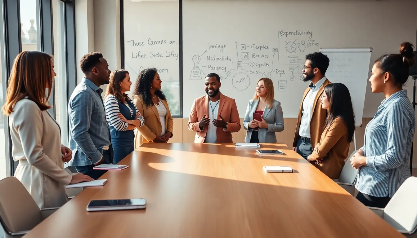 diverse professionals discussing in a modern office setting.