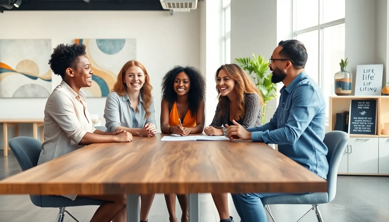 diverse professionals discussing in a modern office atmosphere.