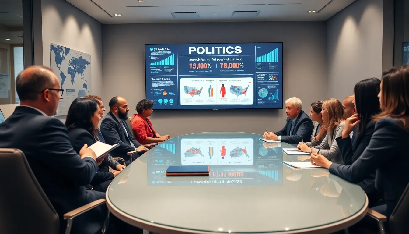 diverse scholars discussing politics in a modern conference room.