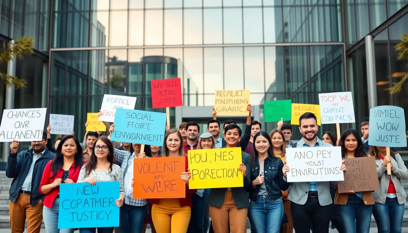 diverse group of activists advocating for political causes outside a government building.