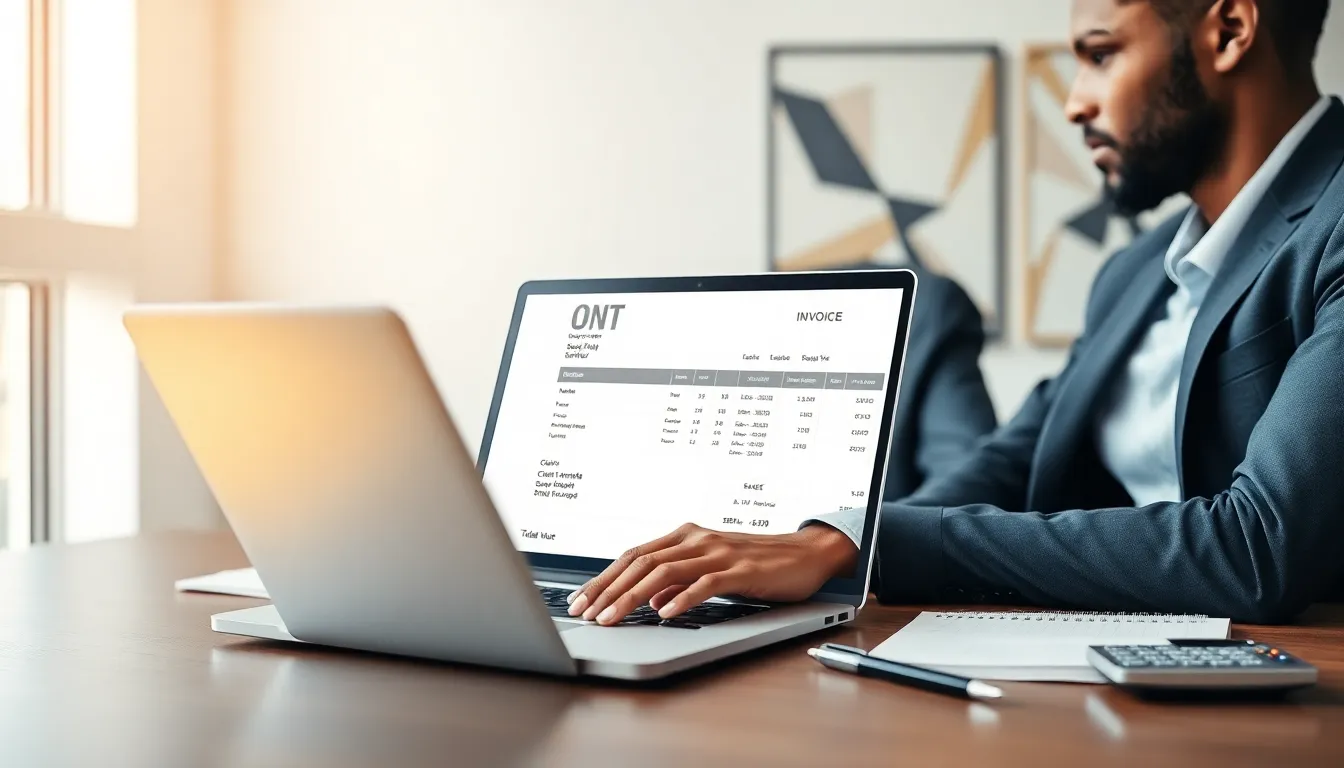 freelancer preparing an invoice in a modern office setting.