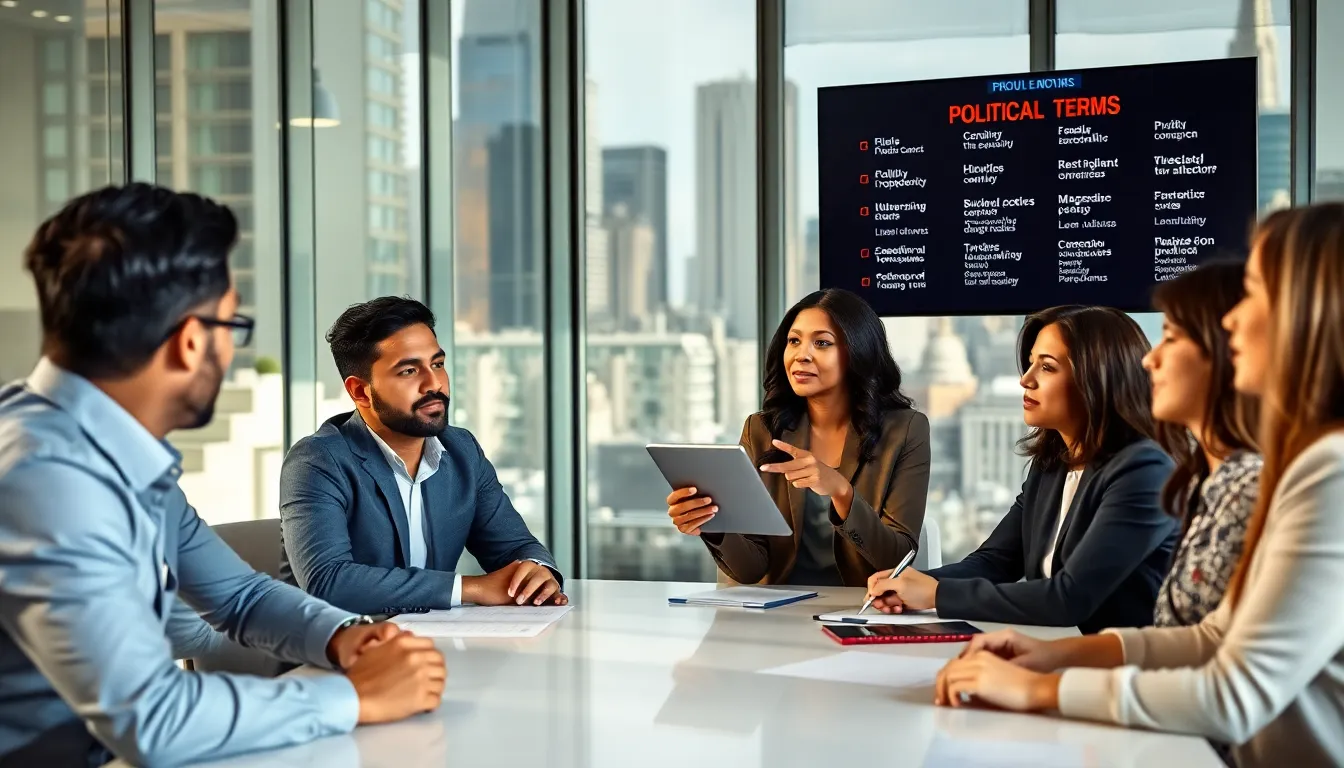 diverse professionals discussing political ideas in a modern conference room.