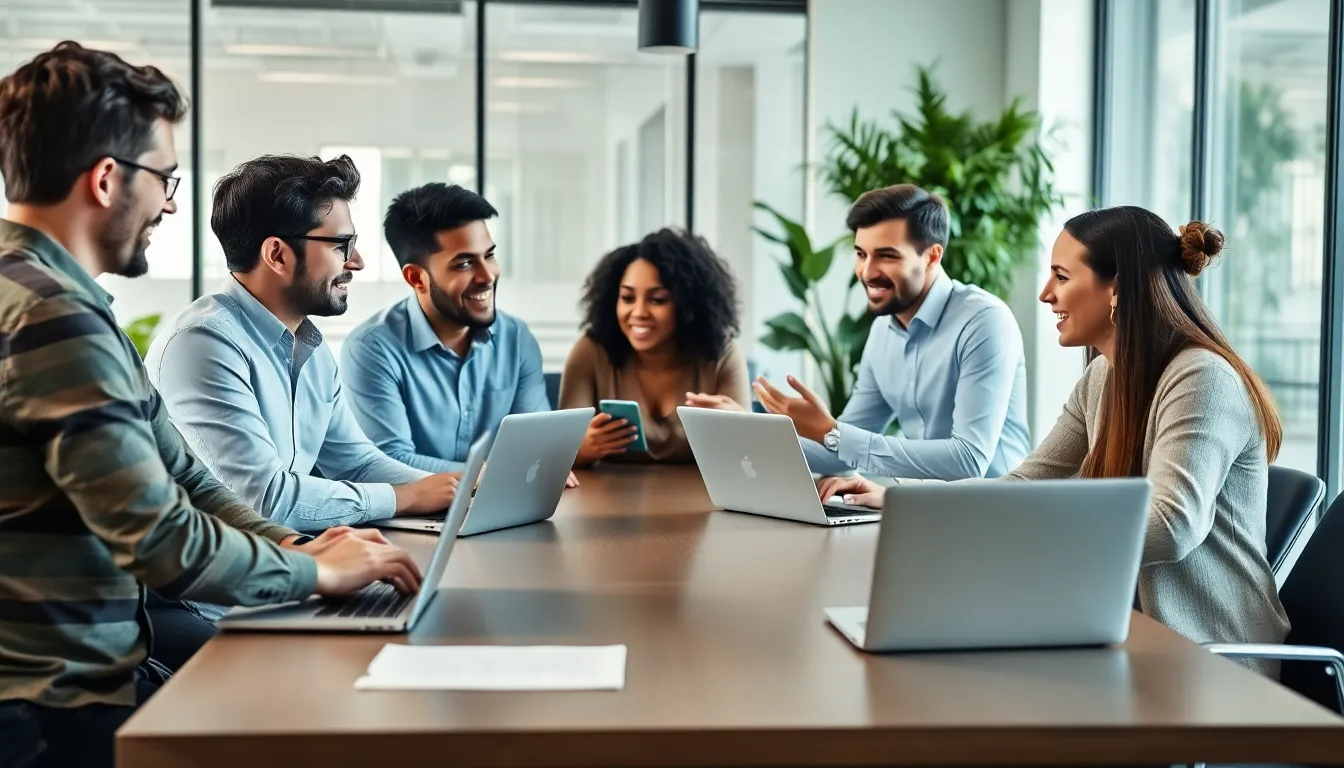 diverse freelancers collaborating over agreements in a modern office setting.