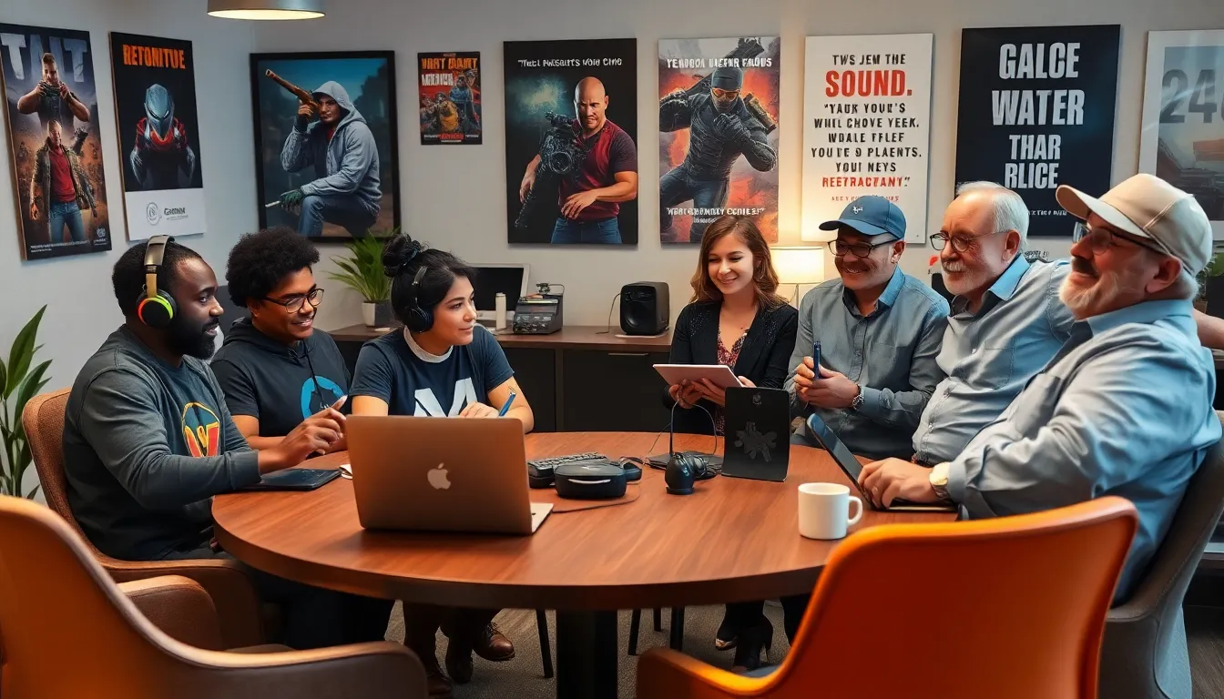 A diverse team of gamers collaborating in a modern office space.