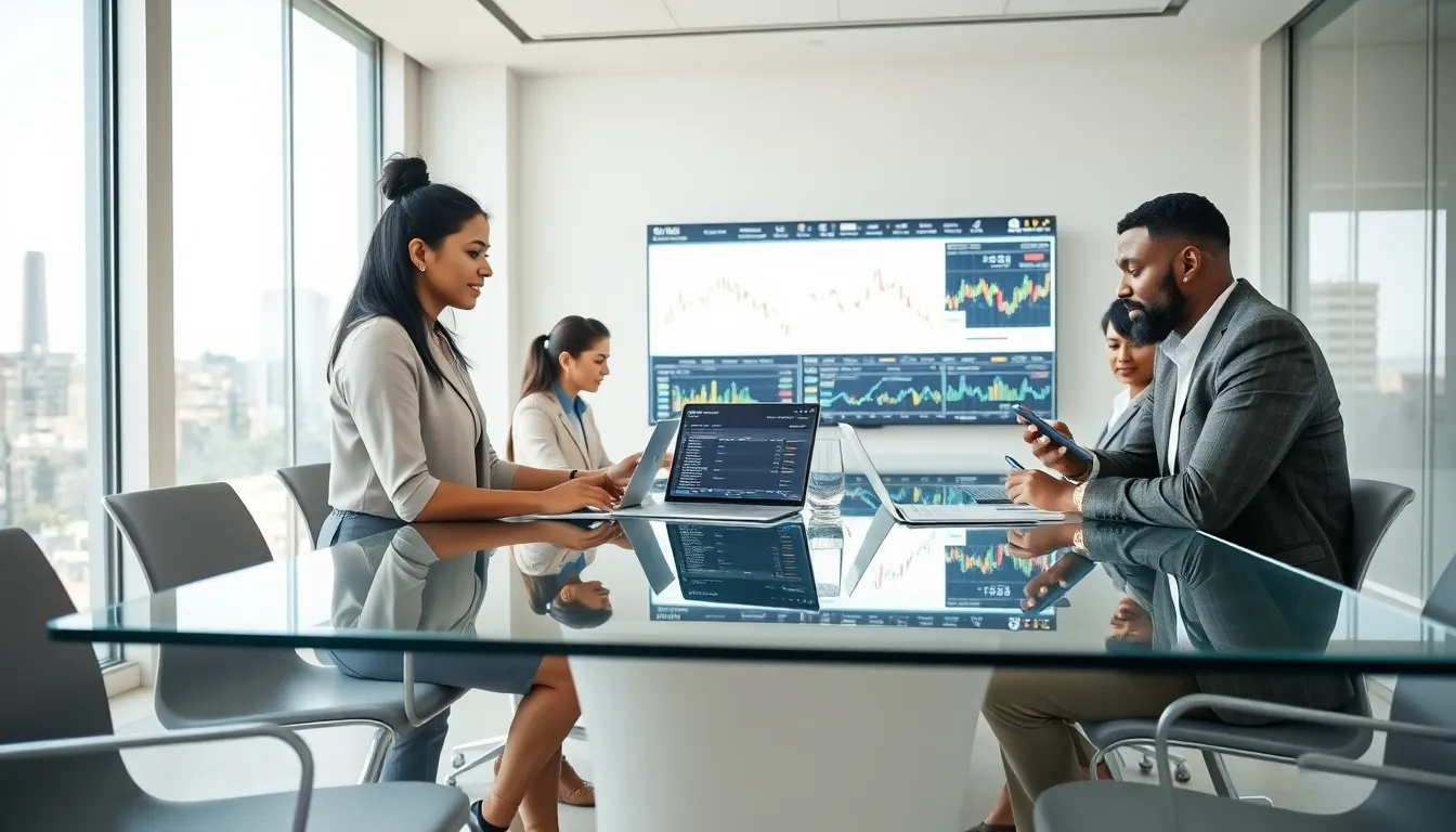 diverse team discussing cryptocurrency trading at a modern conference table.