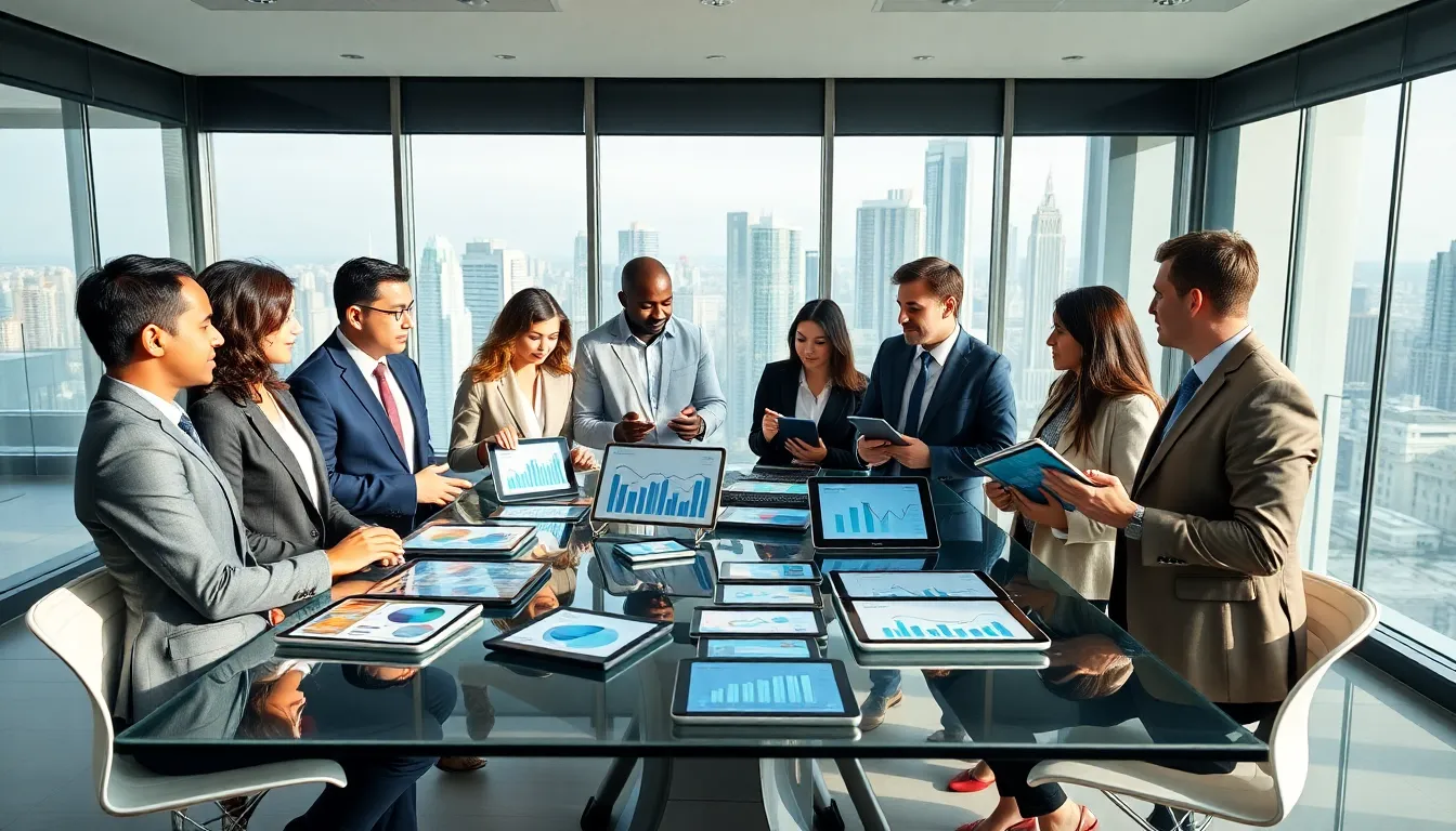 diverse team discussing real estate trends in a modern office.