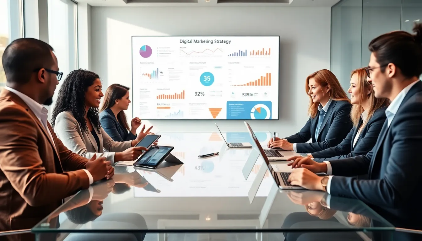 diverse professionals collaborating in a modern office on digital marketing strategies.