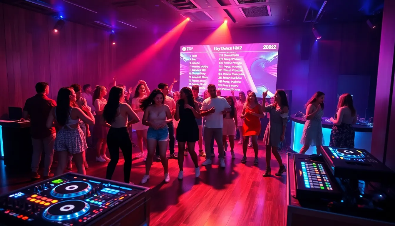 diverse group dancing in a modern nightclub with vibrant lights.