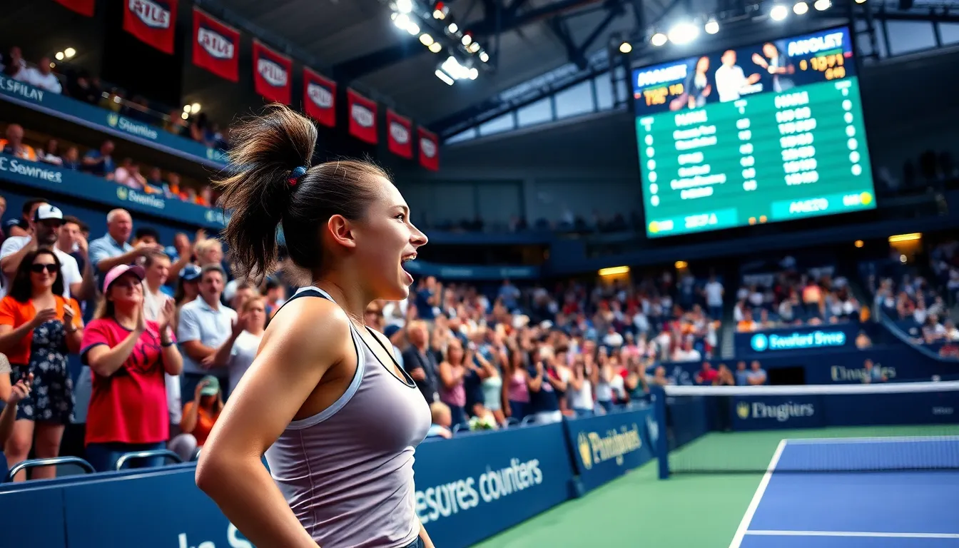 fans cheering during an exciting tennis match in a vibrant stadium.