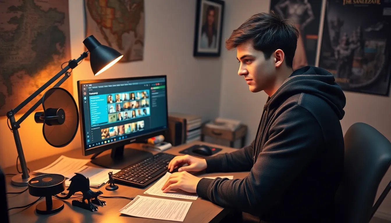 a gamer focused on character creation using CK2Generator on his computer.