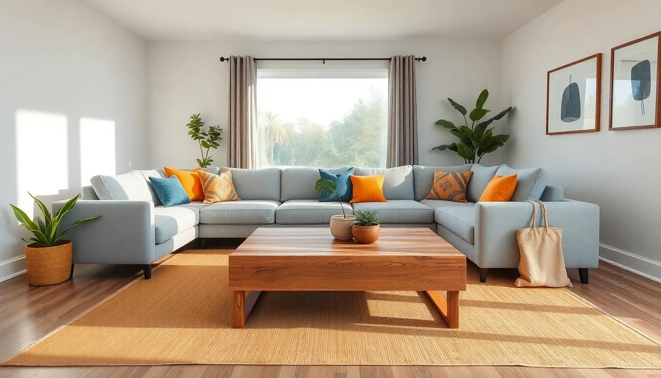 a stylish living room with modern and rustic furniture elements.