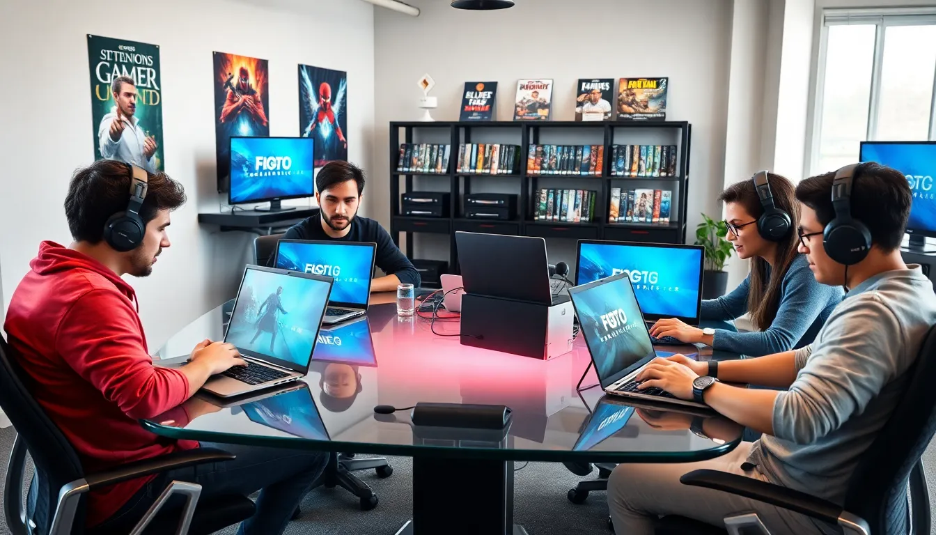 diverse gamers collaborating in a modern office setting.