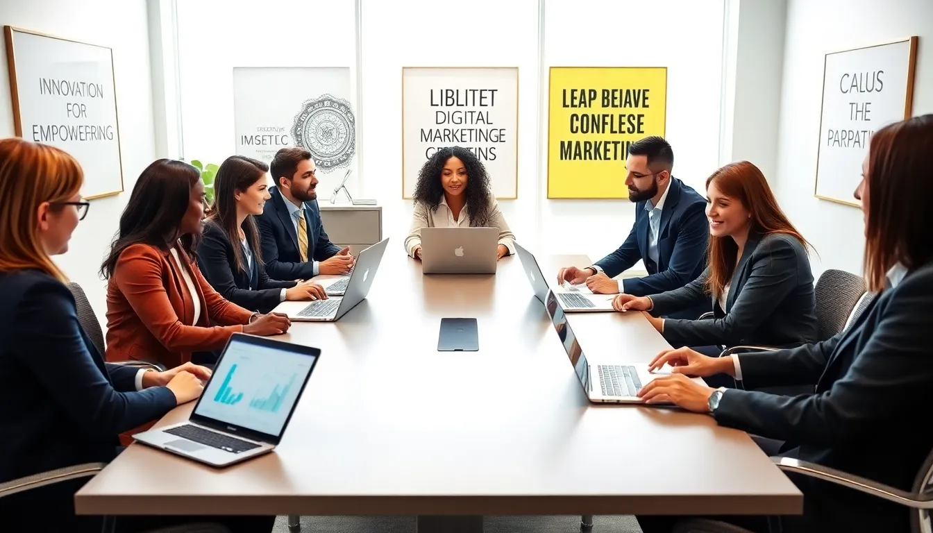 diverse team discussing digital marketing strategies in a modern office.