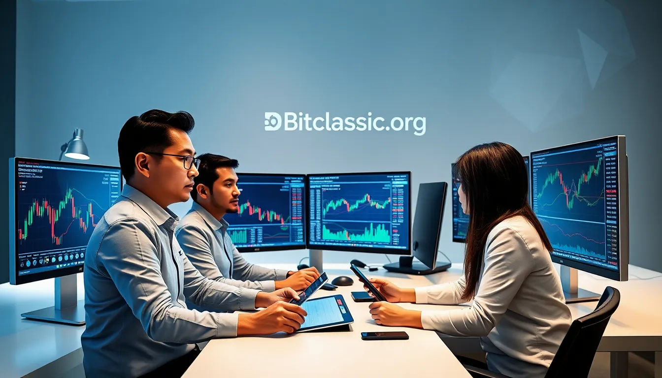 diverse team trading cryptocurrencies in a modern office.