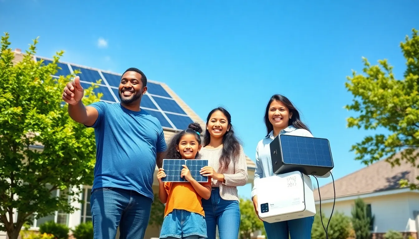 A diverse family by their home with solar panels and energy storage.