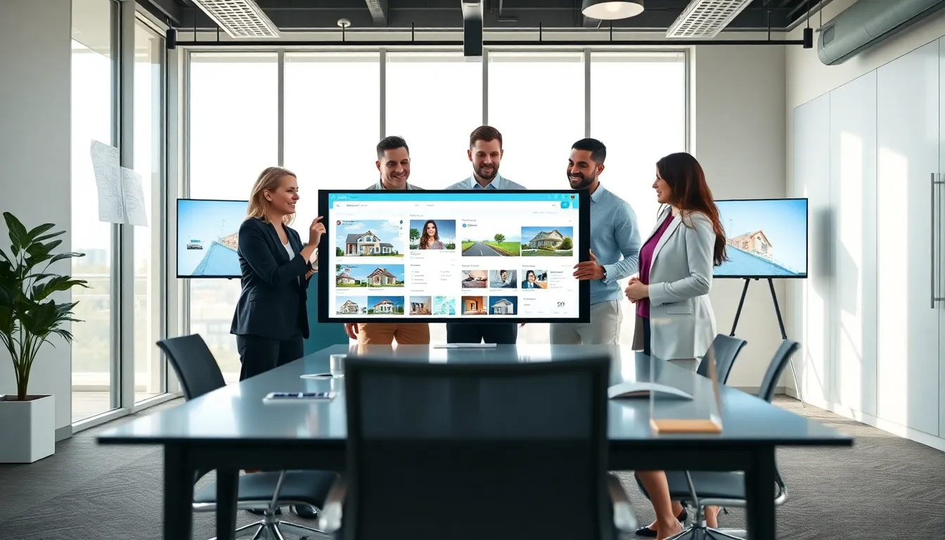 diverse team discussing real estate in a modern office setting.