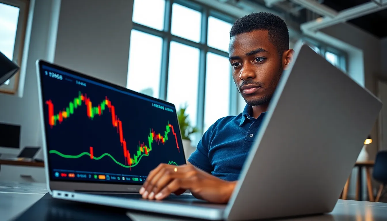 a young investor analyzing Bitcoin and Bitclassic trends on a laptop.