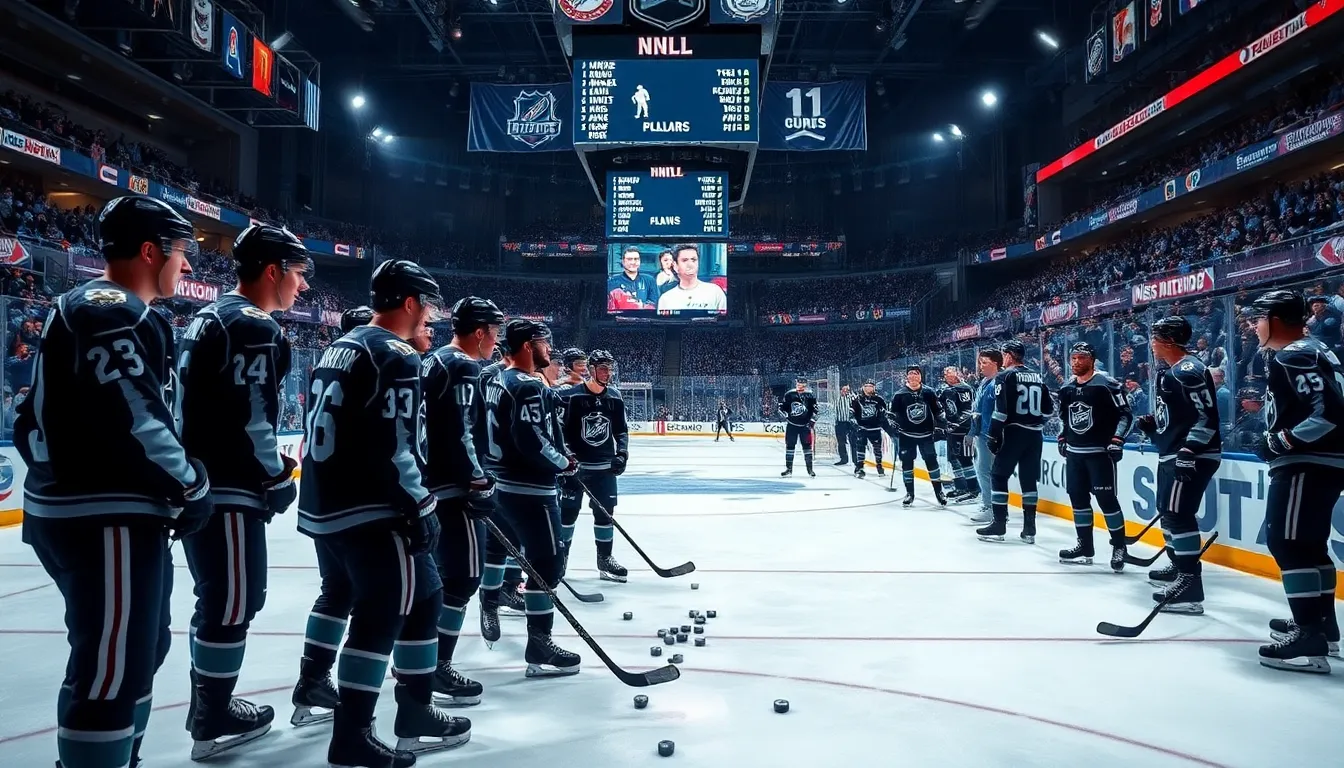 hockey players discussing strategy during an intense game in an arena.