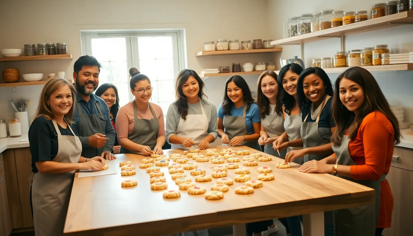 diverse bakers decorating cookies in a cozy kitchen.