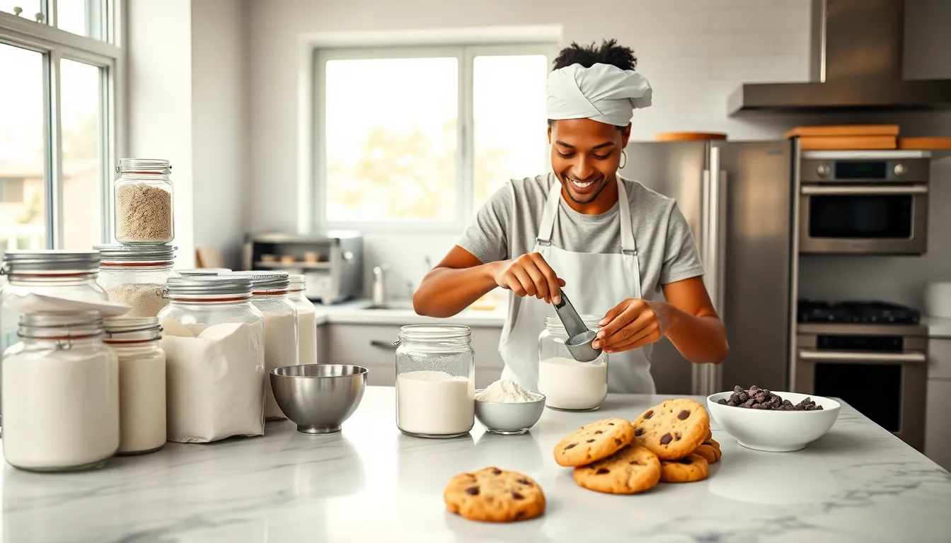 diverse bakers measuring flour in a bright kitchen.