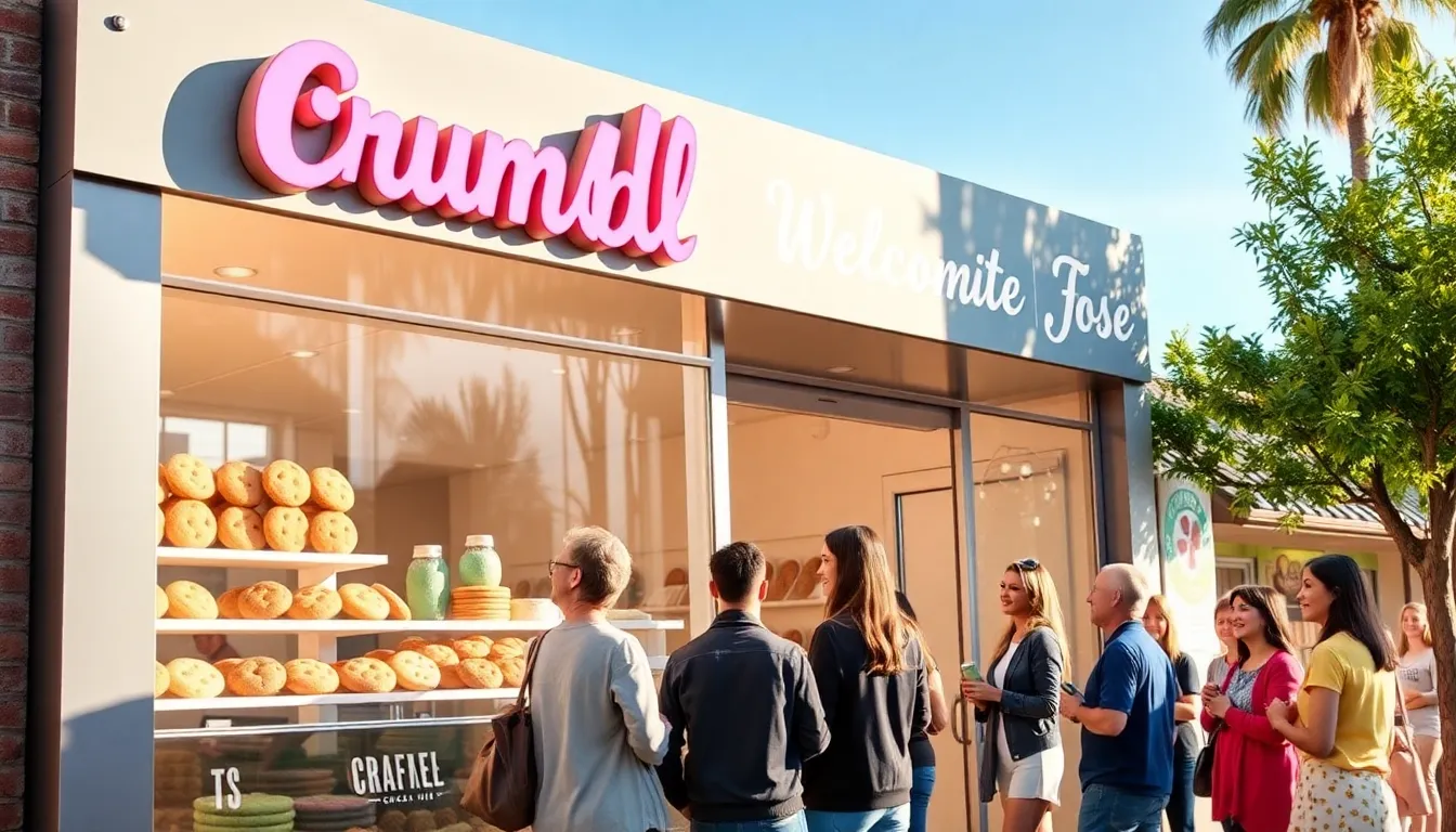 Crumbl Cookies storefront with happy customers discussing flavors.