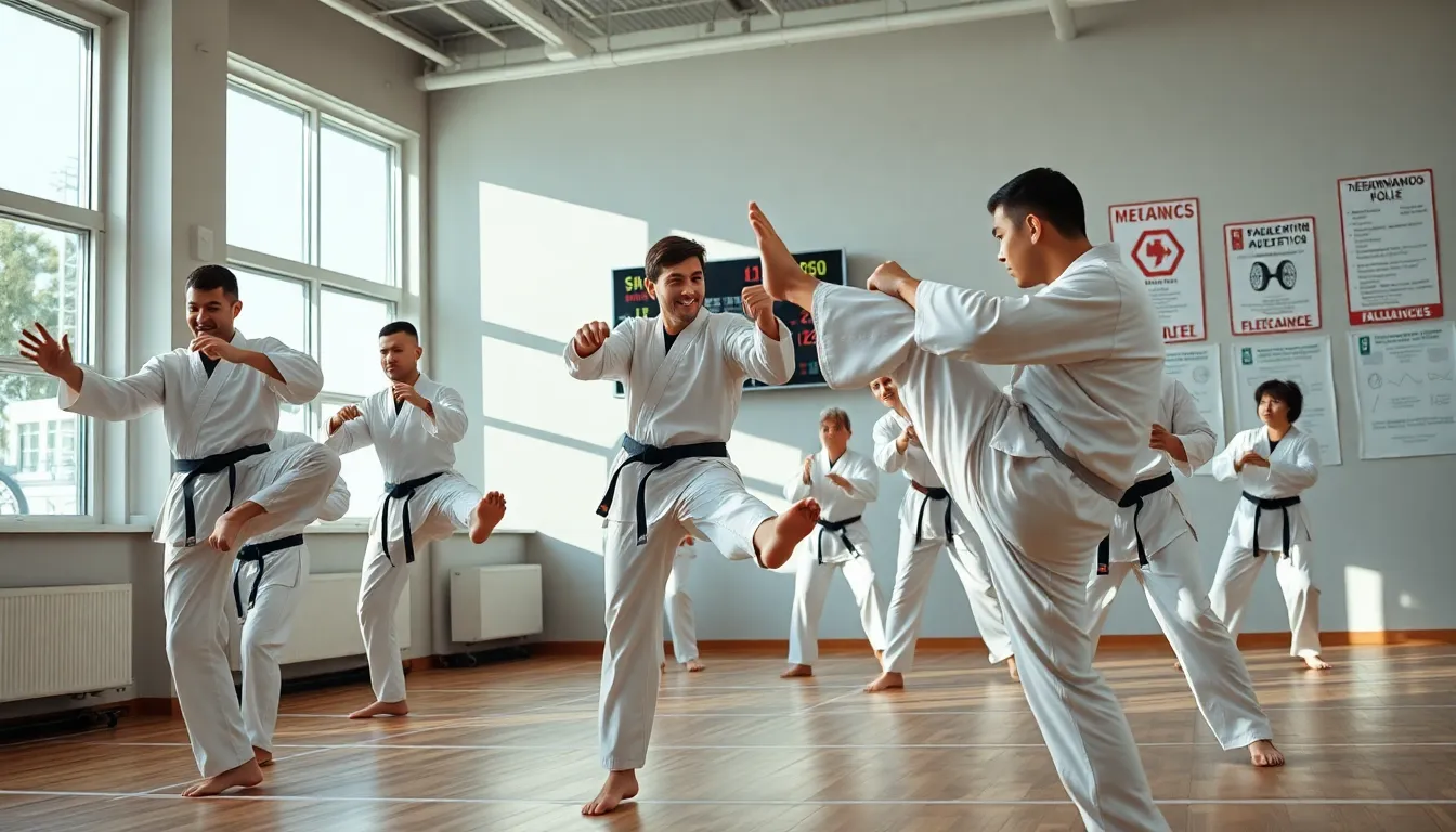 Diverse athletes practicing taekwondo techniques in a modern gym.