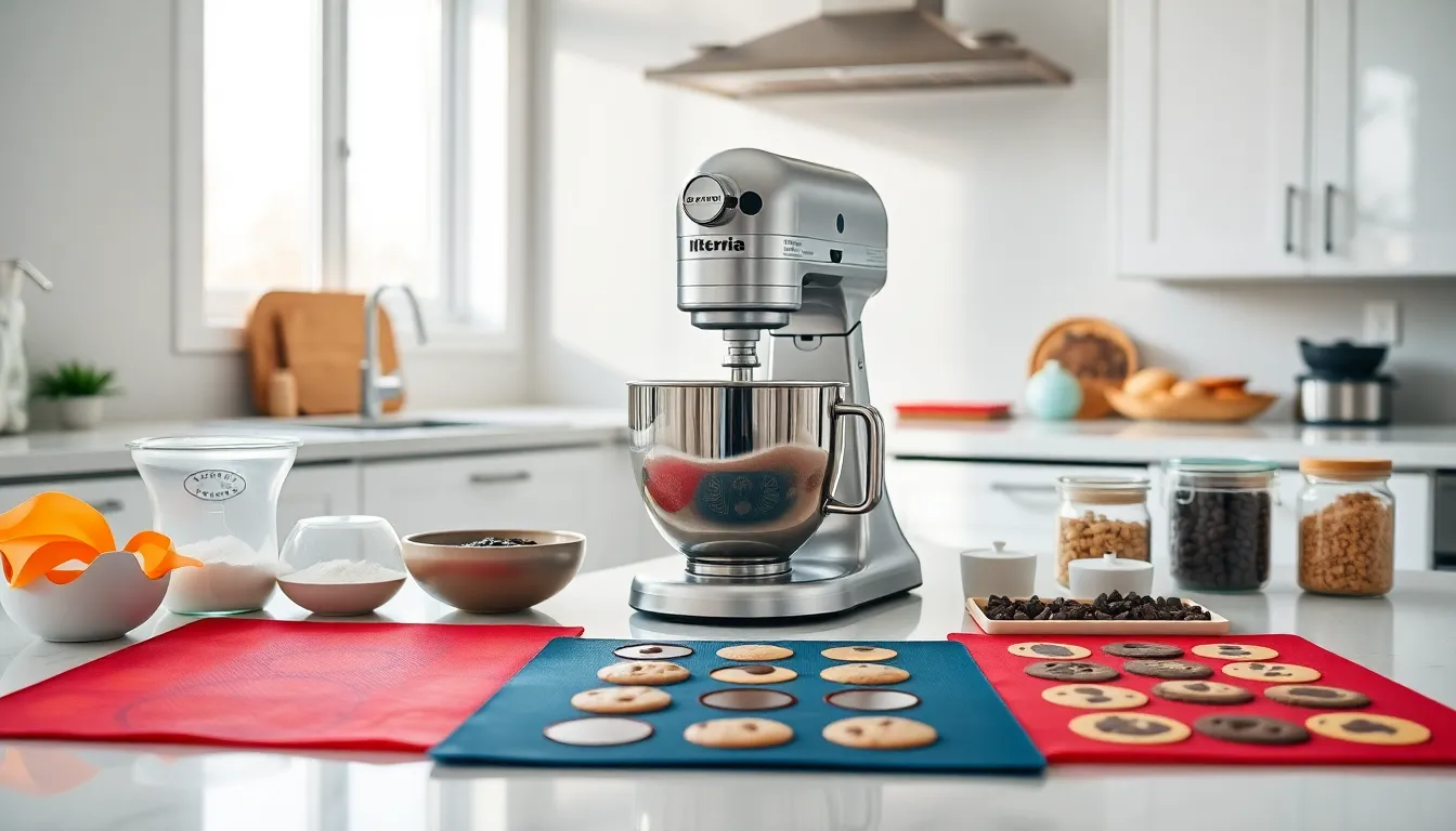 modern kitchen with innovative baking tools and colorful silicone mats.