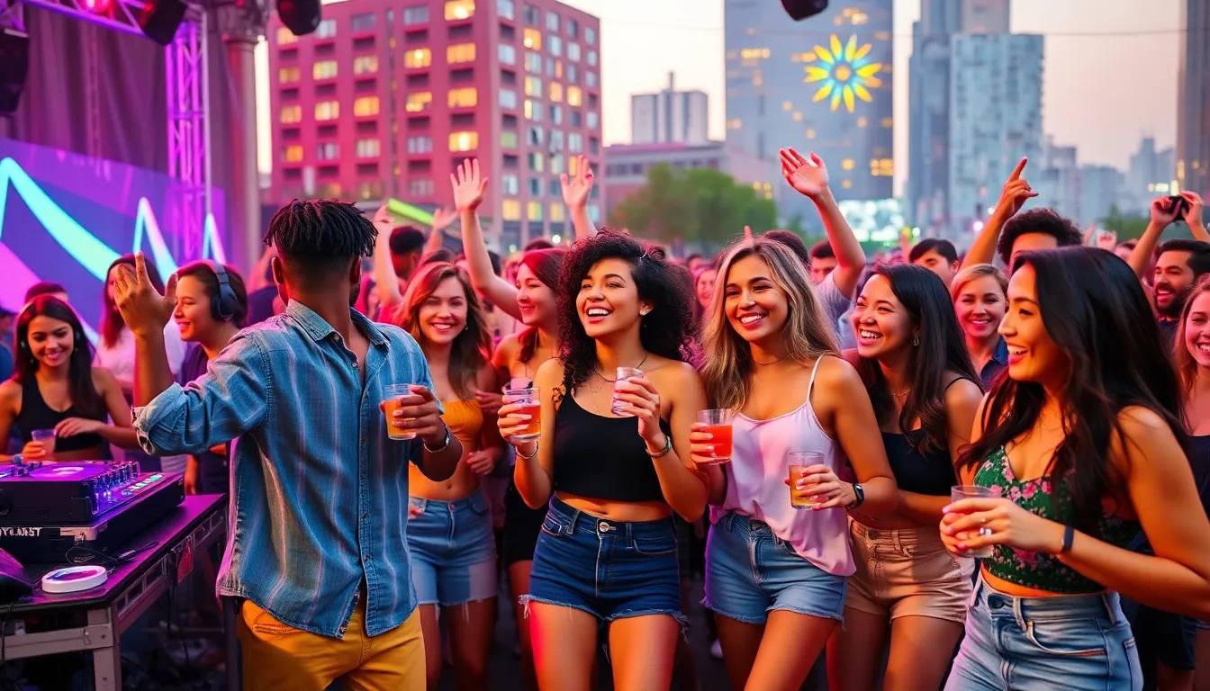 diverse group dancing at a lively party with colorful lights.