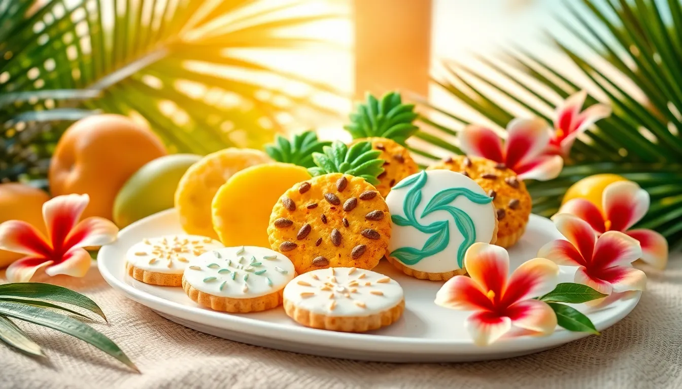 colorful tropical cookies displayed with fruits and flowers in a sunny setting.