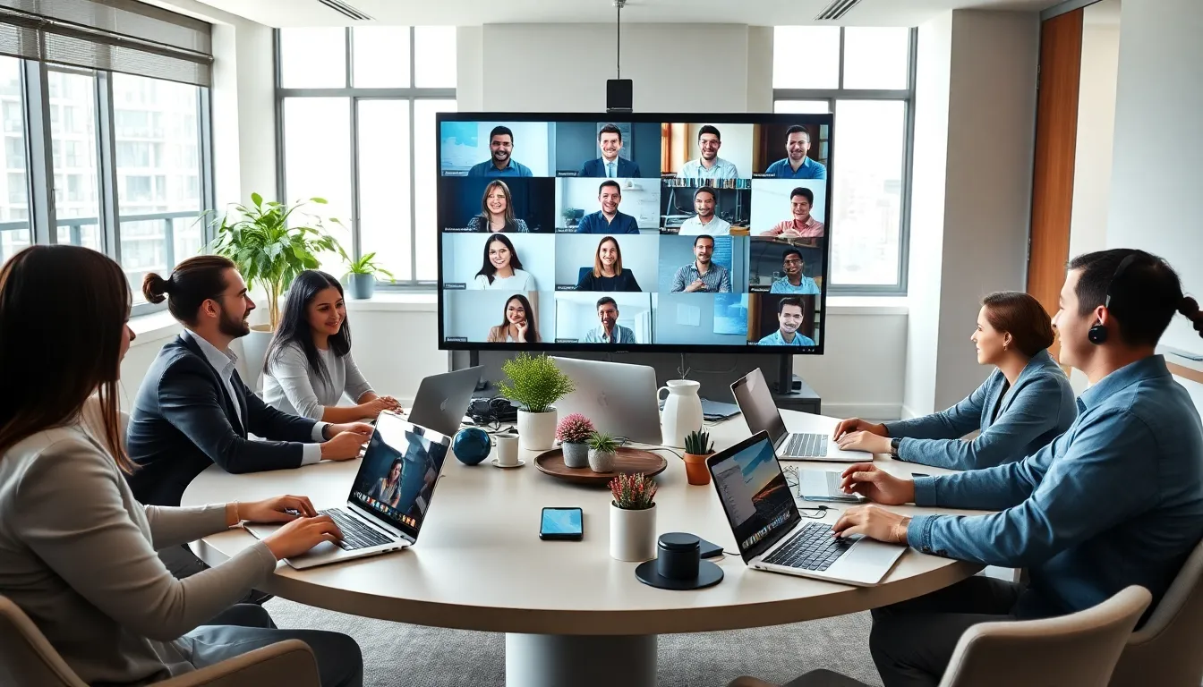 diverse professionals engaged in a video call in a modern office.