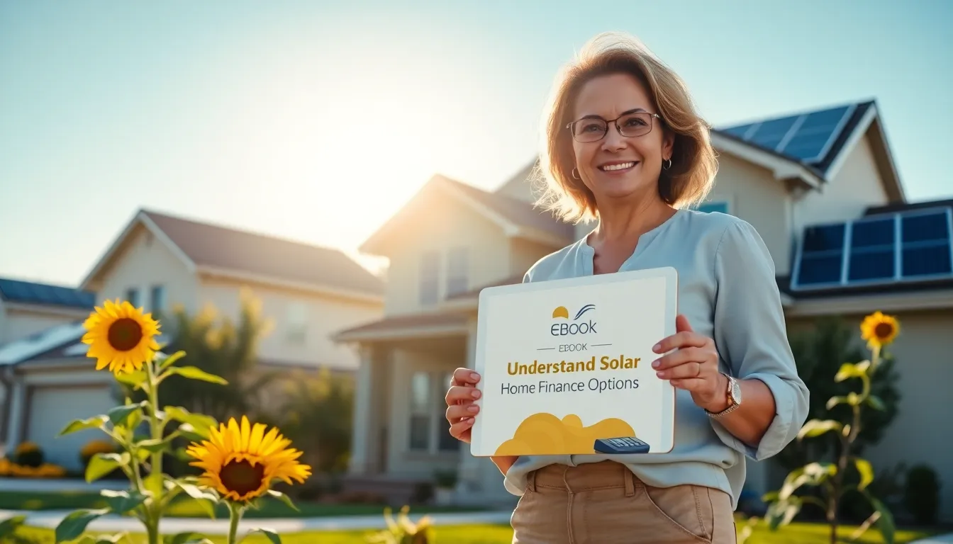 a woman standing in front of her solar-paneled home with an eBook.