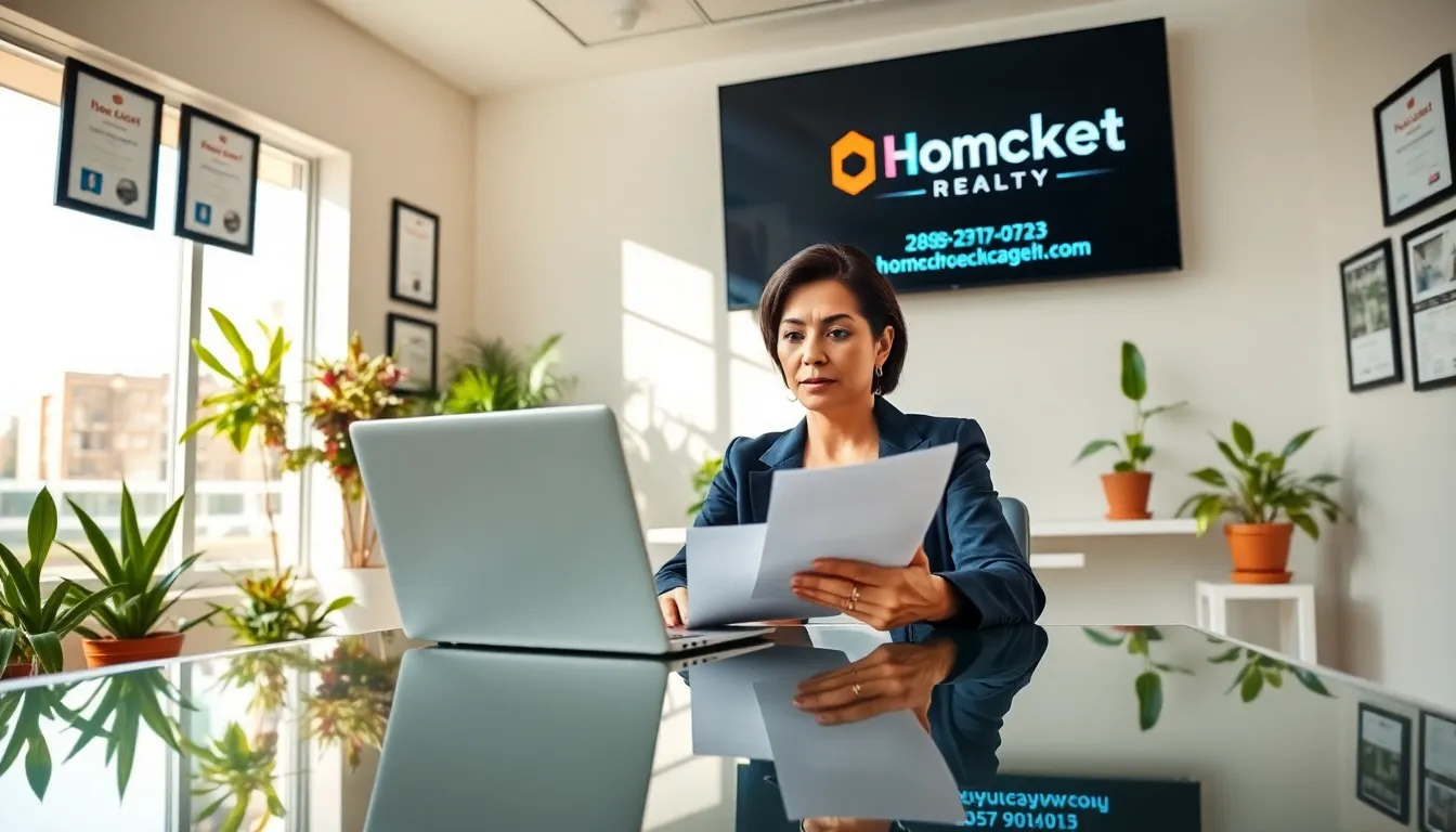 a real estate manager in a modern office with a laptop and plants.