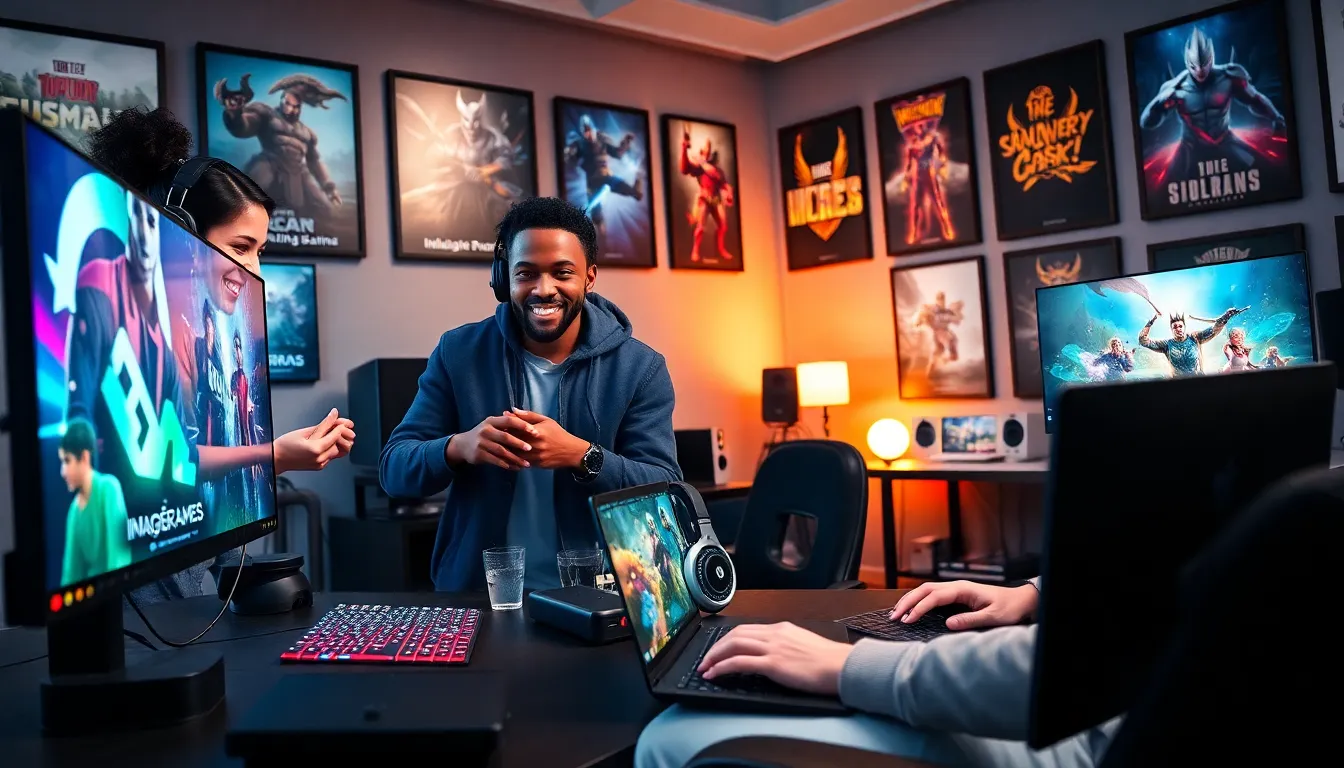 three game developers collaborating in a vibrant gaming studio.