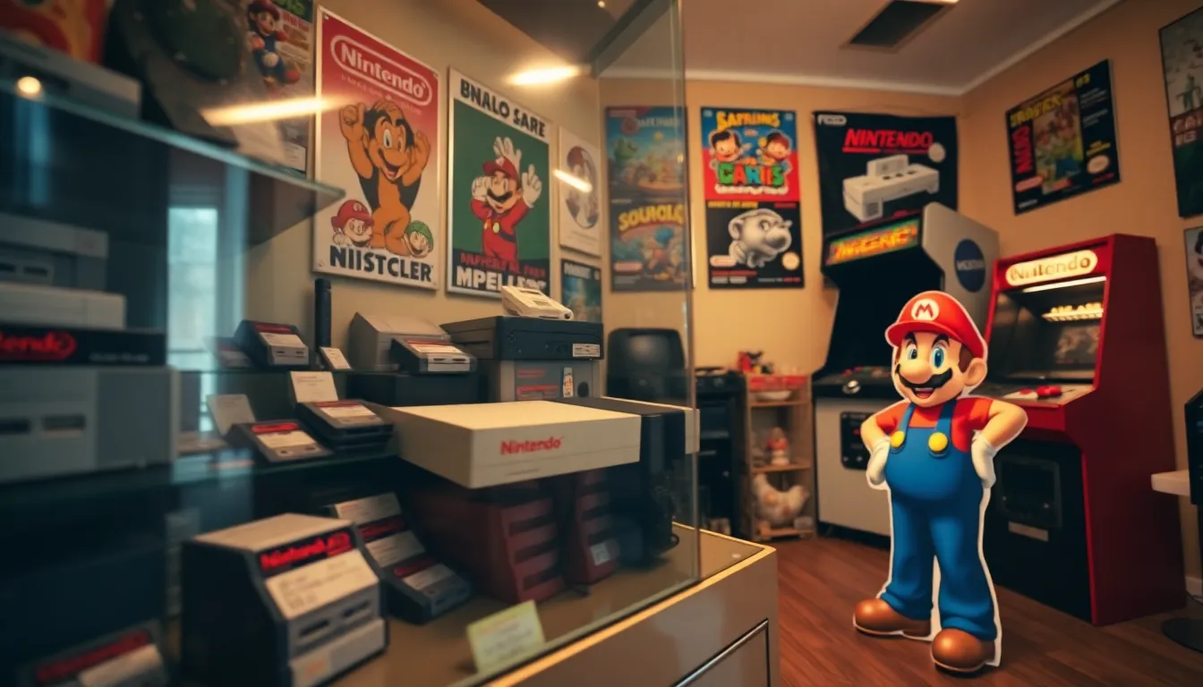 a nostalgic gaming room showcasing classic Nintendo consoles and memorabilia.
