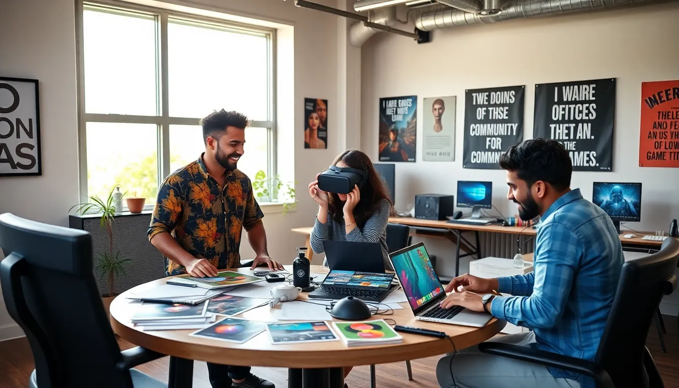 a diverse team of game developers collaborating in a vibrant studio.