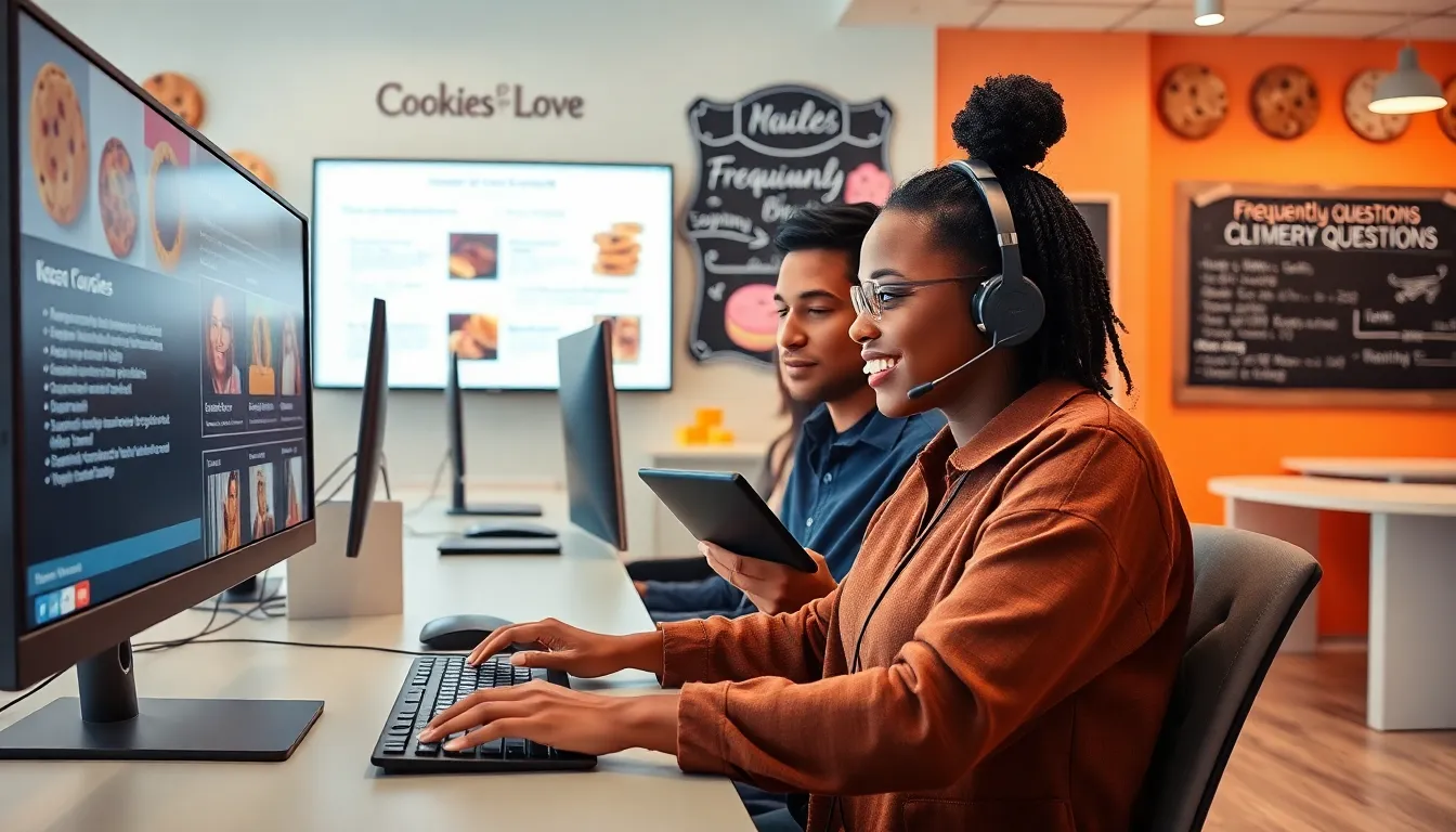 diverse customer support team assisting customers about cookies.