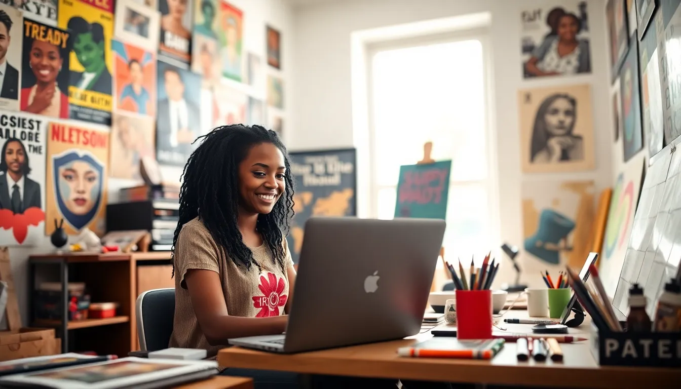 A young woman working in a creative workspace filled with art supplies.