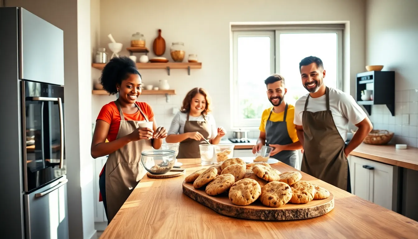 diverse group of people baking cookies in a warm kitchen.