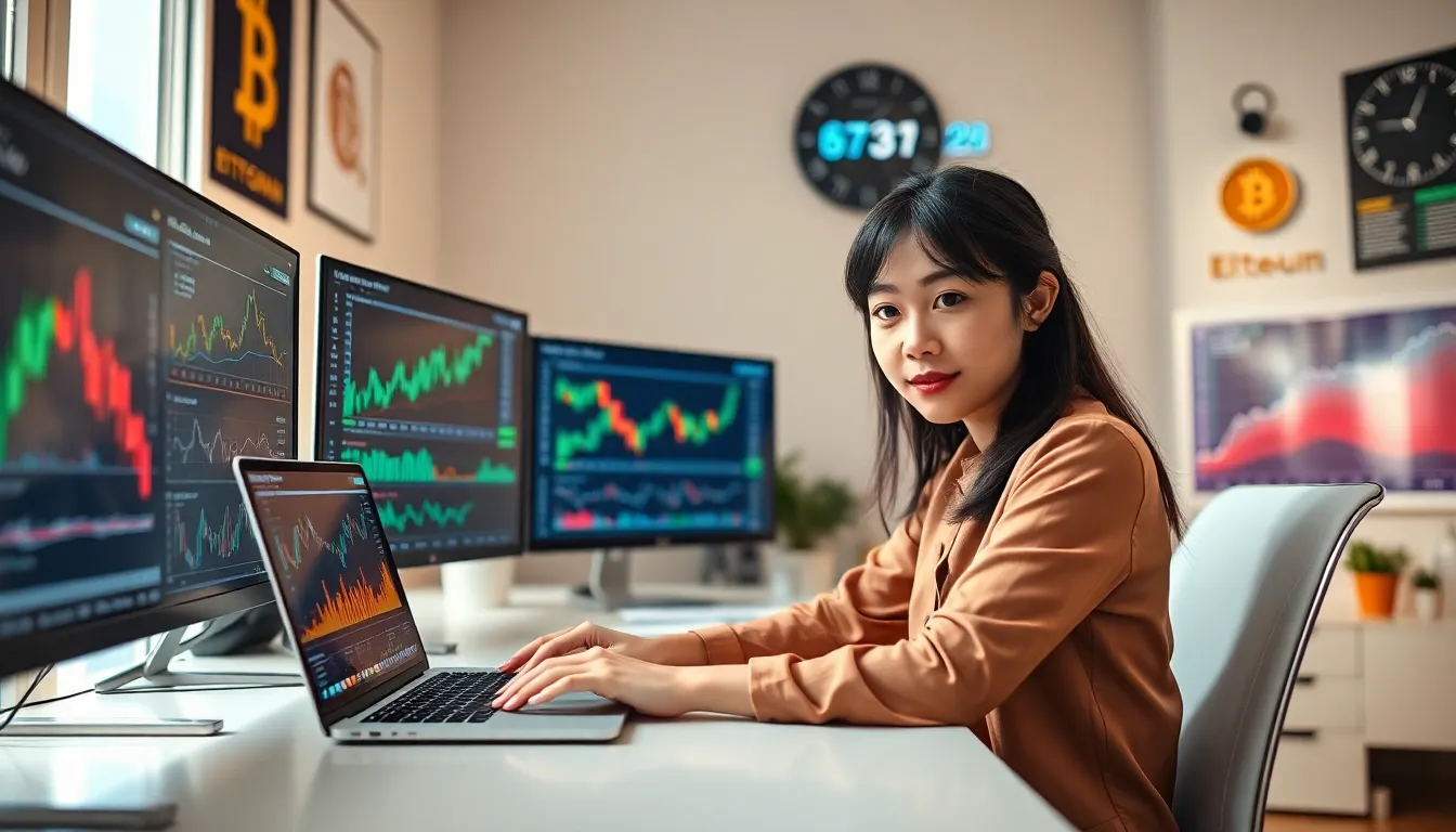 a woman analyzing cryptocurrency charts on a laptop in a modern office.