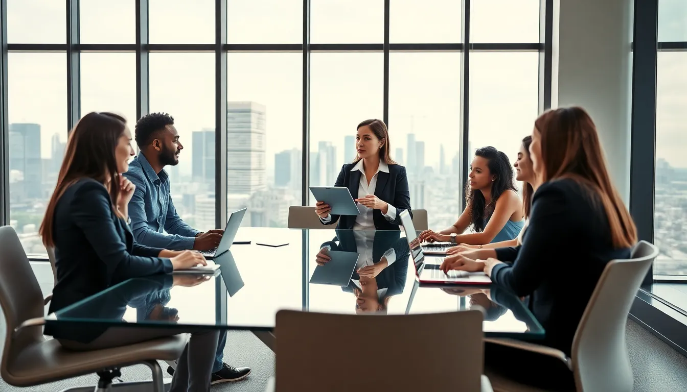 diverse team collaborating in a modern office using software applications.