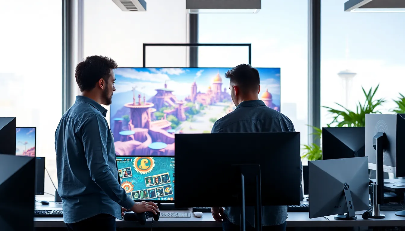 diverse team collaborating on developing an innovative Imagineer game.